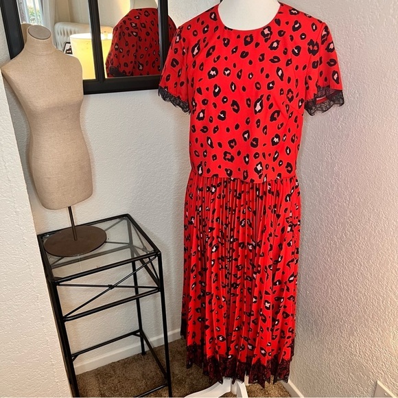 MIKAEL AGHAL Red Leopard‎ Pleated Midi Dress Lace Trim Size 6 - Picture 3 of 12